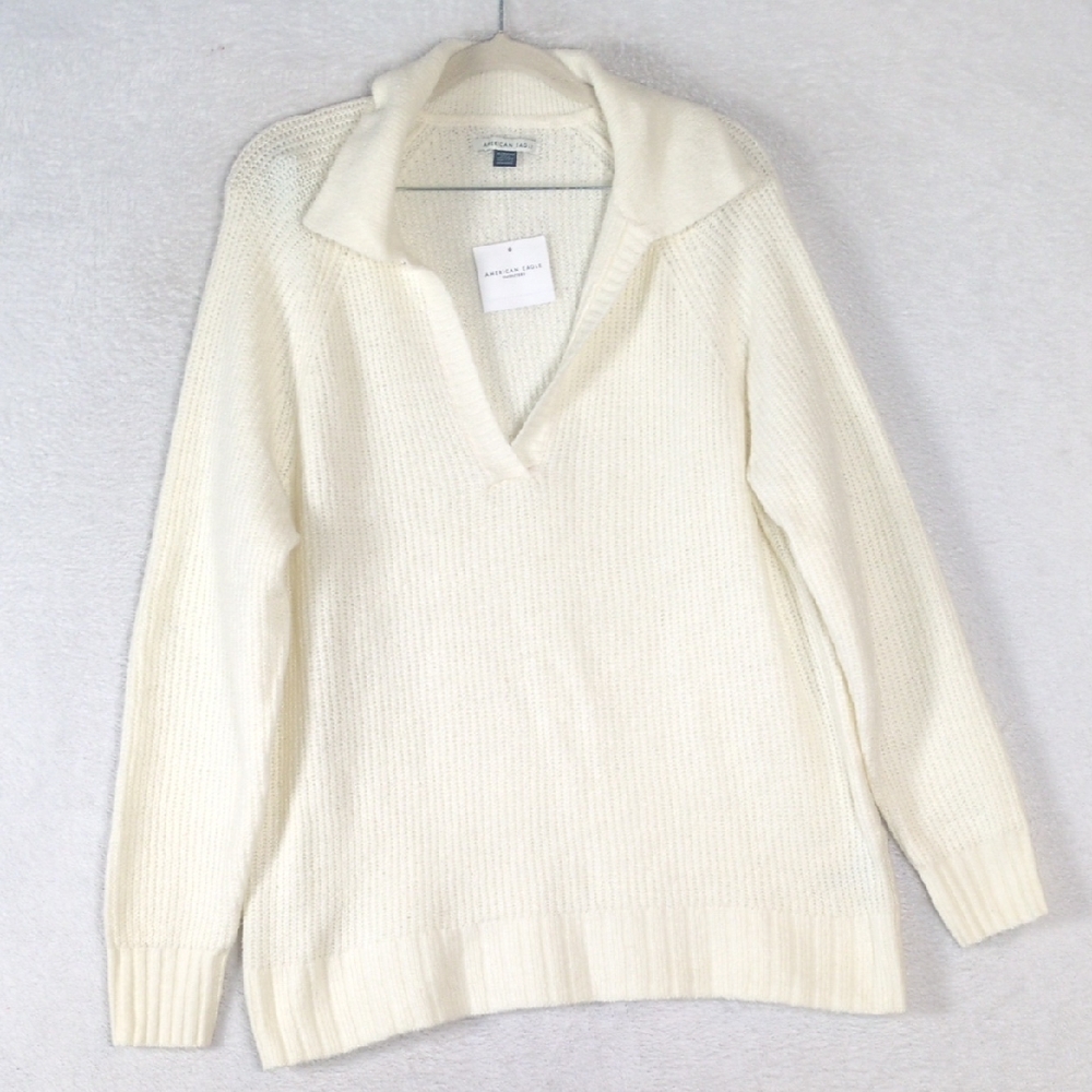 American Eagle Womens‎ V Neck Collared Ivory Knit Preppy Sweater Size XS
